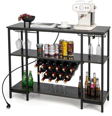 COSTWAY Étagère à Vin pour 15 Bouteilles, Casier à Vin à 3 Niveaux Industriel, Prises de Courant, 2 Ports USB, Étagères de Rangement, Porte-Verre, Porte-Bouteille pour Bar, Cuisine (Gris)