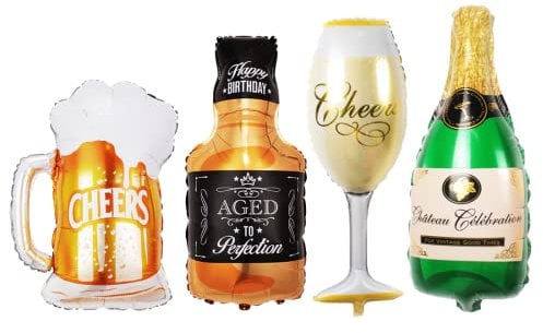 4 Pièces Champagne Ballons, Whisky Bière Aluminium Ballon, XXL-Ballon Anniversaire en Forme de Bouteille Verres à Vin, Géant Ballon D'aluminium Fête pour Mariages Décorations de Fête anniversaire