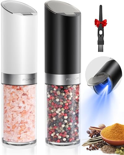 FORLIM Schwerkraft Elektrisches Pfeffermühlen und Salzmühle, Automatische mit Einhandbedienung, Ausgestattet mit Staubschutz, 8 oz Fassungsvermögen, einstellbare Grobheit, 2 Pack (Schwarz + Weiß)