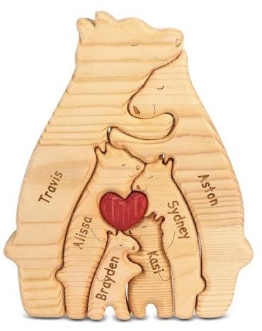 Father's Day Personalized Wooden Bear Family Puzzle with 2-6 Names Puzzle Custom Sculpture Home Decor Gift for Dad Mom Housewarming Birthday Mother's Day (6 Names)