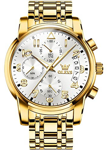 OLEVS Gold Uhr Herren Edelstahlband Analoger Quarz Watches for Men Weiß Groß Wählscheibe Wasserdicht Wasserdicht Luxus Chronograph Armbanduhr Herren Arabische Ziffern Tag Datum Herrenuhr