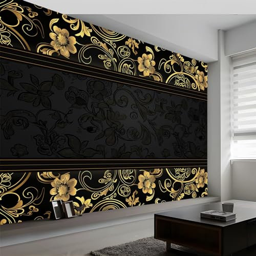 Papier Peint Panoramique Fleurs Dorées Bohèmes, Affiche Murale Noir, 200 x 140 cm (WxH) Papier Peint Mural 3D Personnalisé pour Salon Chambre d'enfants Décoration Murale de Restaurant