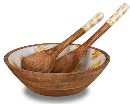 hausdiener® Saladier et couverts à salade en bois de manguier avec motif – Palmiers dorés (doré, blanc), fond conique (conique carré)
