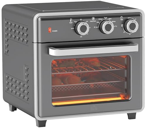 HOMCOM Mini-four à chaleur tournante 20L Mini four avec plaque de cuisson, grille et ramasse-miettes, 90 °C-230 °C Friteuse à air chaud avec 5 modes, panier à friture, minuterie 60 min, 1400W, métal