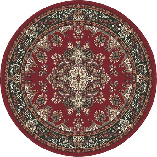 Lord of Rugs Lancashire Traditional Rug for Living Room, Bedroom, Hallways Lounge Classic Carpet Floral Bordered Medallion Oriental Rug Red, Round 120x120 cm (4x4')