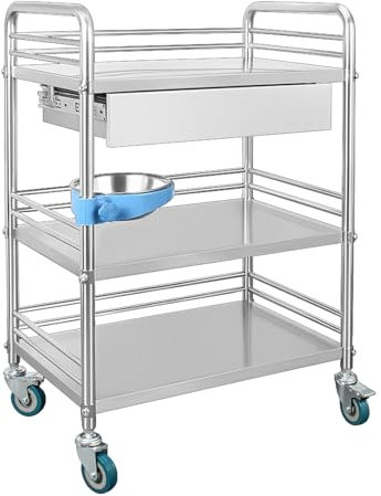 3-lagiger Laborwagen mit Rollen, Labor Rollwagen Medical Trolley, 201 Edelstahl Tragbar Abräumwagen mit Schubladen, für Labor, Krankenhaus, Zahnarztpraxis, Salon usw(24x16.1/61x41cm)