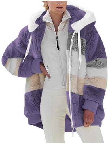 Generisch Fleecejacke Damen Kapuzenjacke Teddy-Fleece Winterjacke Kapuzenpullover Hoodie Jacken Reißverschluss Mantel Plüschjacke mit Taschen Warehouse Deals Angebote 17 Lila 4XL
