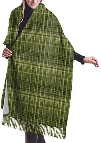 FJQWKLF Olivgrüner karierter Damen-Schal, langer Schal, Kaschmir-Haptik, Schal, warmer Winterschal, 196,5 x 68,6 cm
