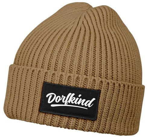 MoonWorks® Herren Beanie mit Patch Strickmütze mit Spruch Dorfkind Aufdruck Lustig Mütze Männer Hellbraun Unisize