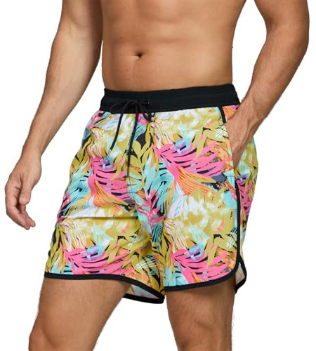 EDOTON Shorts de Bain Homme Maillot de Bain pour Homme Short de Plage à Séchage Rapide avec Réglable et Poches Surf Short uni Imprimé (Feuilles colorées,EU S)