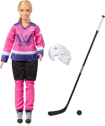 Barbie PWHL 2025 Fashion Doll in Pink, Purple & Teal Hockey Jersey, Includes Hockey Stick, Puck and Helmet