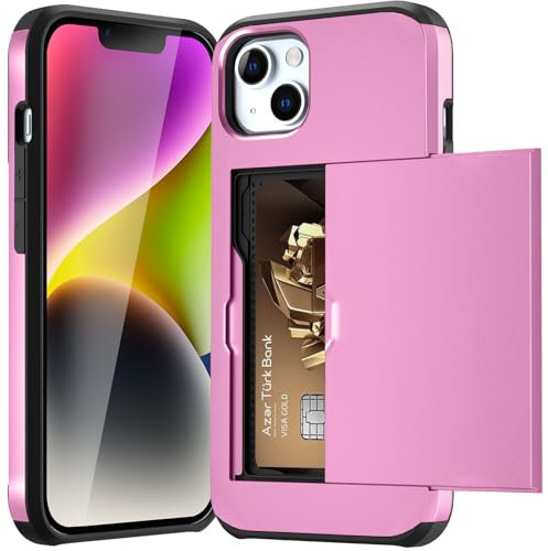 ACOCOBUY for iPhone 14 Case with Card Holder Sliding Cover Hidden Pocket IDs Credit Cards Slot Heavy Duty Shockproof Protective Dual Layer Wallet Phone Cover Back Shell for Men Women 6.1 inch pink