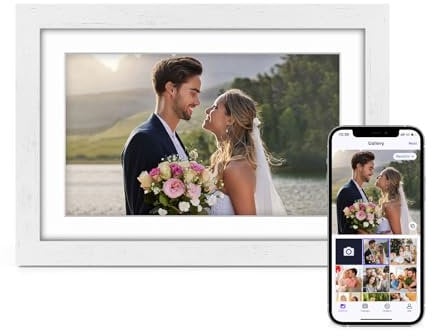 Eptusmey Cornice Digitale WiFi 10,1 Pollici 1280 x 800 HD IPS Touch Screen Memoria 32 GB Portafoto Digitale in Rovere di legno Rotazione Automatica Condividi Foto e Video con App Uhale/USB/SD