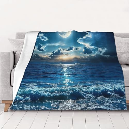 ASDJHFABKY Sky Überwurfdecke, Mond, warme Flanelldecke, durchsichtiges blaues Ozean, Flanelldecke für Couch und Bett, 152 x 203 cm