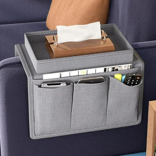 Sofa Armrest Bag for Armchair - Sofa Armrest Organizer With Tray, Fabric Sofa Storage Pouch, Couch Armrest Hanging Pouch, Sofa Storage Bag with 6 Pocket, Sofa Storage Holder for Snacks TV Remote(Gray)