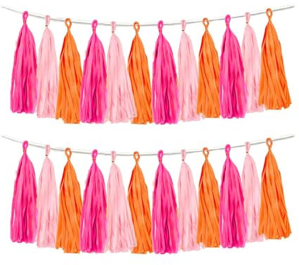 15 Stück Seidenpapier Quasten Girlande, Papier Quasten Banner für Party Dekorationen–(rosenrot/rosa/orange)