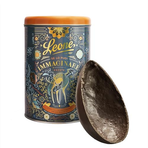 Leone seit 1857 - Rauhe Dunkle Schokolade Osterei mit Überraschung - Dunkle Schokoladenei Leone - in Geschenkmetalldose - 350g