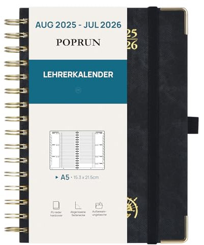 POPRUN Lehrerkalender 2025 2026 Ringbuch DIN A5 - Lehrerplaner 25/26 für die Unterricht mit Monatliches Register. Schulplaner mit PU-Leder Hardcover für Lehrerinnen und Lehrer - Schwarz