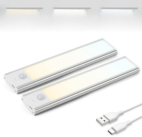 Brendz Schranklicht mit Bewegungsmelder, Kleiderschrank Beleuchtung, 2 x 20cm, 3 Farbtemperaturen, Aufladbar, Dimmbare Schrankbeleuchtung, Led Lichtleiste Kabellos, Silber