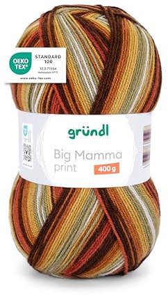Gründl Wolle Big Mamma Print - XXL Wolle zum Stricken mit Farbverlauf - Weich und hautfreundlich - 100% Polyacryl - 1 Knäuel 400 g / 1040 m - Nadelstärke 3,5-4,5 - senf-kürbis-kupfer-rehbraun-moos