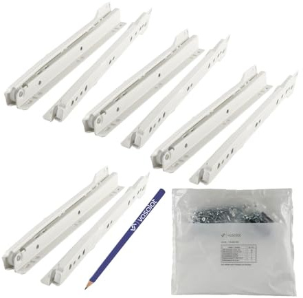 vasalat Rollschubführung Schubladenschienen 250mm Teilauszug Schienen für Schubladen, Schubladenauszüge für die aufliegende Montage, Stahl cremeweiß 4 Paar