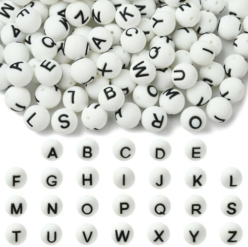 WEWAYSMILE 104 Pcs 15mm Silicone Letter Beads for Keychain Making Round Bulk A-Z Alphabet Silicone Beads for Pens DIY Bracelets Necklaces and Other Accessories Making（White）
