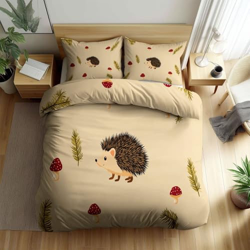 135 x 200 cm Bettwäsche-Set 2 Teilig, Tiere Igel Tannenzweige Bettbezug mit Reißverschluss Weiche Mikrofaser Kinderbettwäsche mit 1 Kissenbezug, Creme
