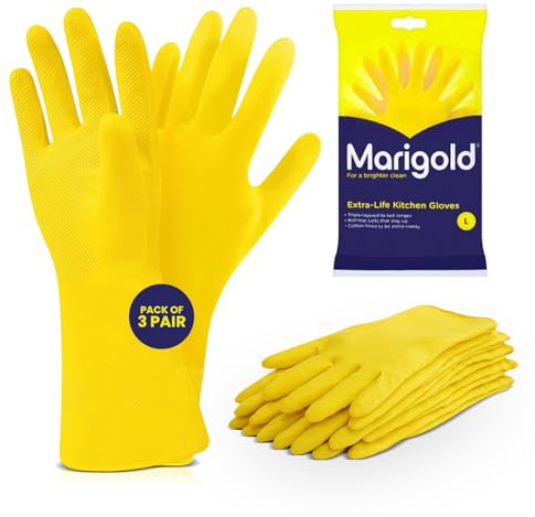 Marigold Rubber Gloves Large 3 Pairs Yellow Reusable Washing Up Kitchen | Latex household gloves, non-slip grip, waterproof, cotton lined, for dishwashing, bathroom and garden tasks