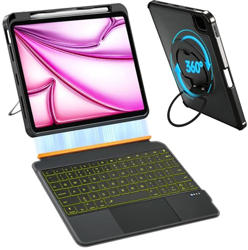 Custodia per iPad A16 di 11a/10a generazione e Air 11 M3/M2 e 5a/4a generazione e Pro 11 4/3/2/1 generazione, girevole a 360° staccabile, protezione completa dei bordi, grande touchpad, penna e