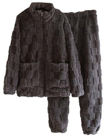 Set da casa da uomo in pile testurizzato, tuta in flanella per uomini e donne, giacca con cerniera con tasche e pantaloni, abbigliamento per la casa in peluche per il comfort invernale, set pigiama