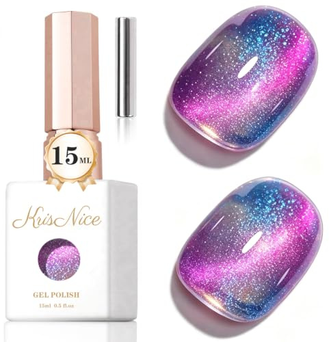KRISNICE Jelly Glass Cat Eye Gel Polish with Magnet 15ML Holographic Glitter Shimmer Translucent Sheer Color Magnetic Nail Polish Salon DIY at Home (Rainbow Purple, MY037)