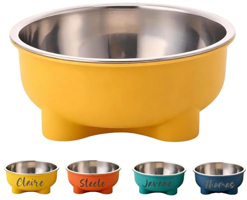 Personalized Dog Bowls with Name, Double Layer Pet Food Water Dish with Custom Name Engraving, Engraved Dog Water Bowl, Non-Slip Base for Large Small Dogs Cats (Yellow)