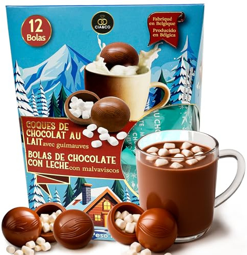 12 Bolas de Chocolate Caliente Belga con Nubes · Pack XXL 12 Bombas Premium con Malvaviscos Nubes Marshmallows · Chocolate a la taza · Regalo Navideño · Facil de preparar solo con leche caliente