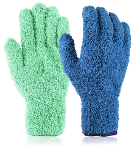 Wanmu 2Pcs Microfiber Dusting Gloves for Plant Dusting and Garden Care, Reusable Washable Leaf Cleaning Gloves Mittens for Car Blinds Furniture House and Small Objects (Green, Blue)
