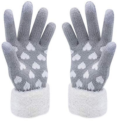 VENI MASEE Weihnachten Frauen Schöne Herz Print Warm Strickwolle Touch Screen Handschuhe - Grau,20cm