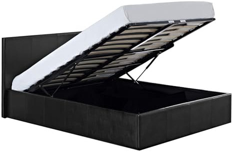 Direct Furniture Suppliers LUNA - UK 4FT6 Double Gas Lift Up Ottoman Storage Faux Leather Space Saving Bedframe (H:88.5cm x W: 153cm x L: 203cm) (Black)
