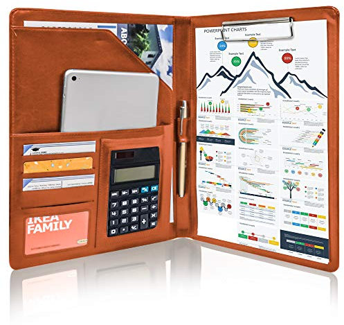 GraduatePro Schreibmappe A4 Leder Ordner Mappe Klemmbrettmappe Dokumentenmappe mit Deckel Organizer Clipboard Fächern Braun