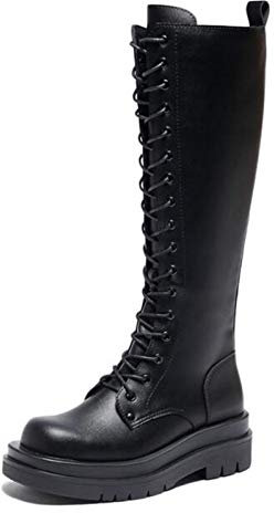 Stivali Alti da Donna di Pelle Tacco Basso Stringati Lungo Stivale Retro Biker Anfibi Militare Stivali Autunno e Inverno,Nero,37 EU