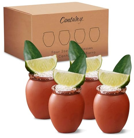 CANTAREY - 60 ml Mini-Tonbecher Tequila Schnapsgläser, Cantaritos de Barro Mexicanos für Tequila, Margaritas, Mojitos und mehr, natürliche Ton-Schnapsgläser für Taco-Dienstage, 4 Stück