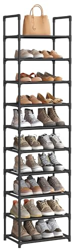SONGMICS Shoe Rack, 10-Tier Shoe Shelf, Shoe Storage Organizer, 11 x 17.7 x 68 Inches, Metal Frame, Non-Woven Fabric Shelves, for Entryway, Bedroom, Black ULSH010B02