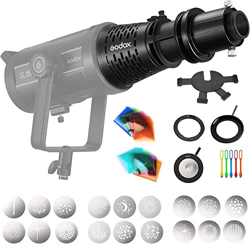 GODOX SA-17 Bowens Mount Adapter mit SA-P Projektionsaufsatz, SA-06 Iris, SA-09-001/002/003 GOBO Set, SA-10 Halter, SA-07 Framing Shutter, SA-11C/SA-11T Gel-Set für LED Videoleuchte