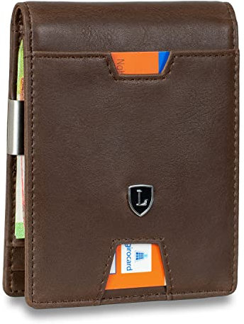 Lederhand® iSlim XL - Nappa Leder Geldbeutel mit Geldklammer und Münzfach, 13 Kartenfach + 1 Sichtfenster Premium Geldbörse - Slim Wallet mit RFID NFC Schutz - Farbe |(Dunkelbraun)