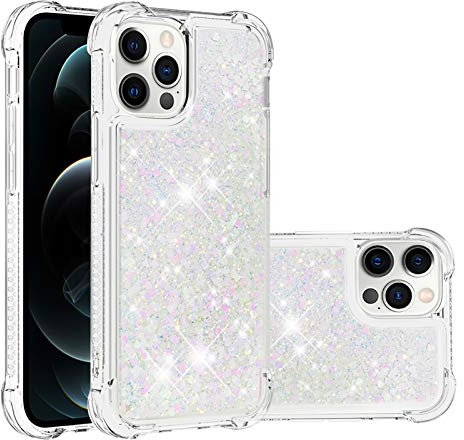 IMIRST Silicone Phone Case for Apple iPhone 12 Pro, Corner Airbag Fall Protection Bling Glitter Quicksand Liquid Sparkle TPU Case Cover for Apple iPhone 12 Pro. YBW Love Silver