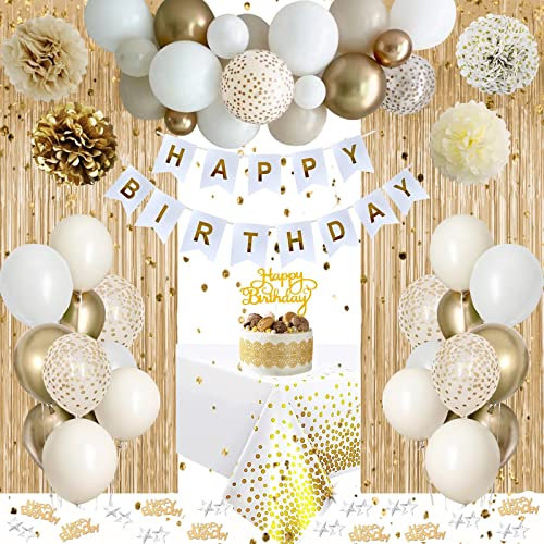 Geburtstagsdeko Mädchen Frauen, Weiß Gold Party Deko, Luftballons Geburtstag Dekoration, Happy Birthday Girlande, Geburtstags Tischdeko, Konfetti Luftballon für Mädchen Frauen