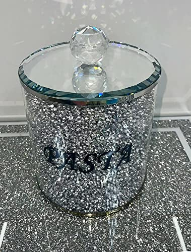 DEENZ Crushed Diamond Silver Crystal Pasta Jar With Mirror Lid, Kitchen Sparkly Bling