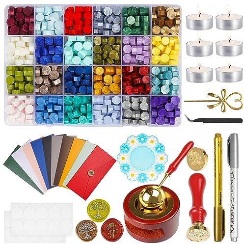 MICTER Siegelwachs Set, 24 Farben Wachssiegel Stempel Set mit 600 Stück Siegelwachs Perlen, Siegelwachswärmer, Siegellack Stempel, Schmelzlöffel und Teelichte, für Geschenk, Dekoration und DIY