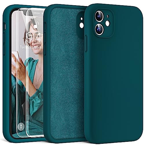 HATOSHI 3-in-1 für iPhone 11 Hülle mit 2 Stück Schutzglas, Flüssig Silikon Anti-Rutsch Kratzfestes Stoßfest Handyhülle für iPhone 11 Schutzhüll, Grau Grün