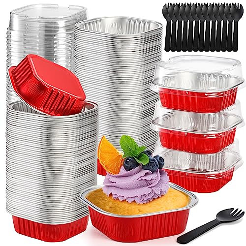 ZEAYEA 100 Pack Aluminum Foil Baking Cups with Lids and Spoons, 125 ml/4.4 oz Disposable Ramekins Cupcake Containers, Mini Cake Muffin Liner Cups for Party Wedding Birthday Christmas Mother's Day