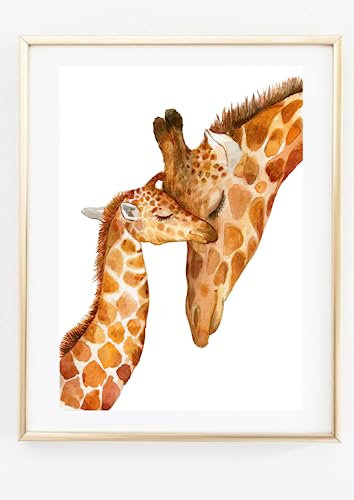 Din A4 Kunstdruck ohne Rahmen - Giraffenmutter mit Baby - Giraffe Liebe Mutterliebe Aquarell - Poster Druck Bild