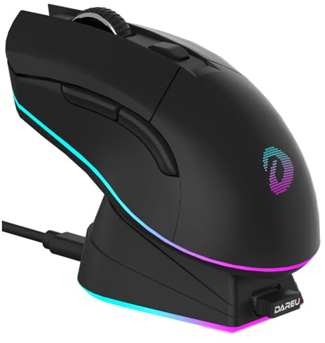 DAREU EM901X Souris de Jeu sans Fil avec Station de Charge Rechargeable RVB, 12 K DPI, 6 Boutons programmables, capteur de Haute précision [300IPS] [1000 Hz] pour PC, Ordinateur Portable, Mac
